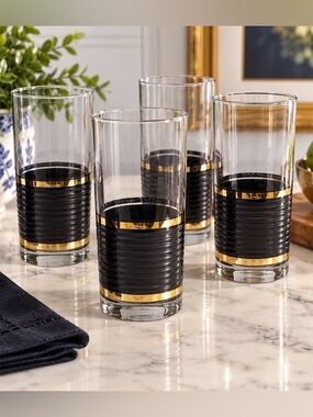 VTG Black Gold Highball Drinking Glasses Ribbed Barware Tumblers Set of 4
